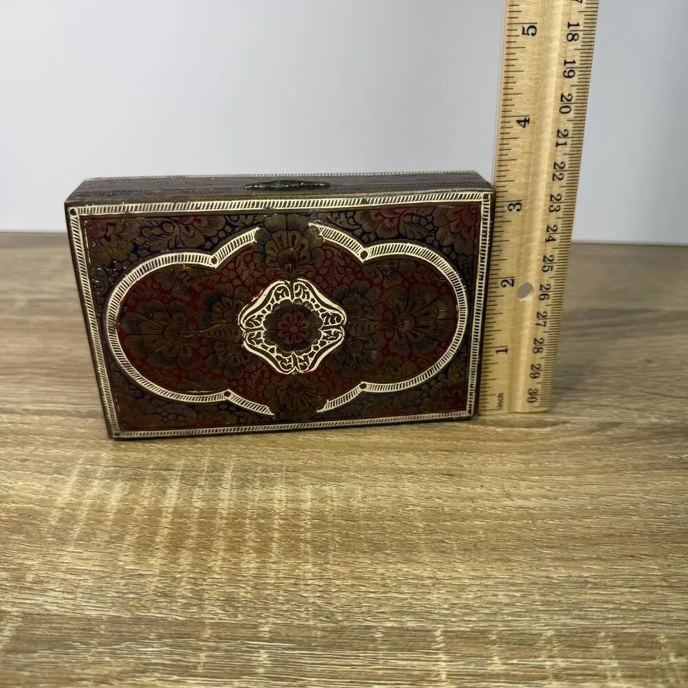 Vintage Brass Cigarette Holder Intricate Ornate Trinket Box Wood Lined